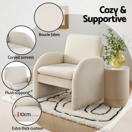 Artiss Boucle White Armchair Accent Chair with Curved Ergonomic Design
