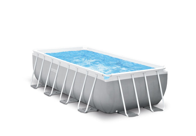 Deep rectangular above ground frame swimming pool with ladder and filter pump