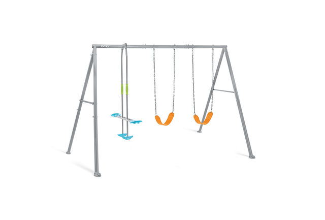 Three feature swing set with glider and two swings