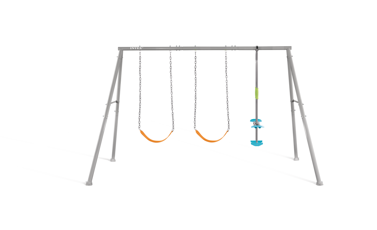 Children playing on the three feature swing set