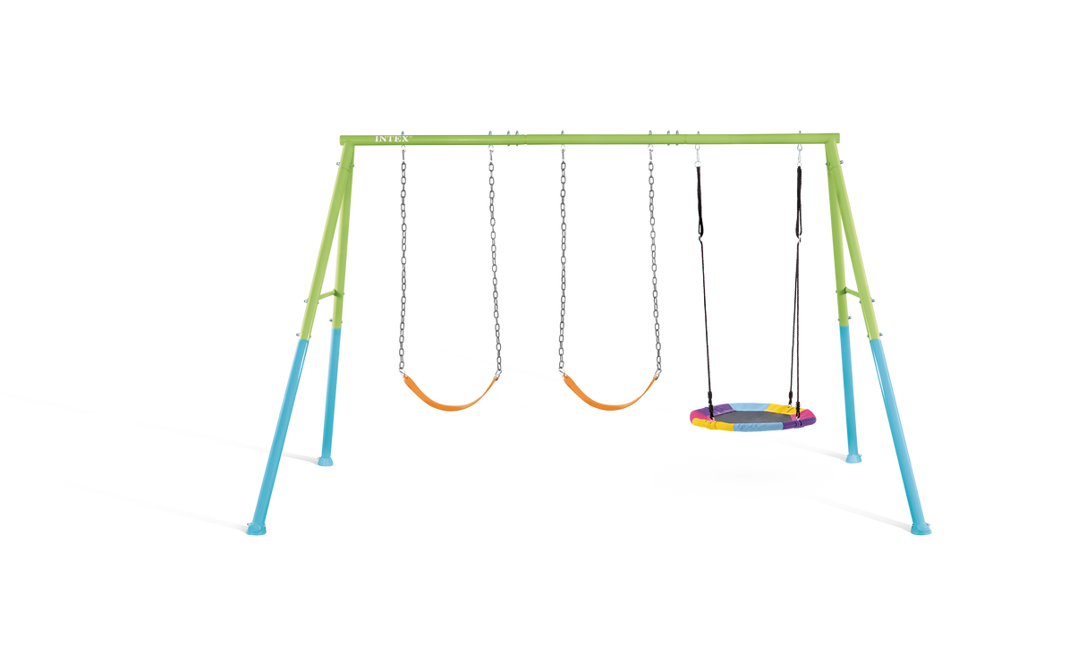 Three feature swing set with saucer and two chain swings