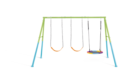 Three feature swing set with saucer and two chain swings