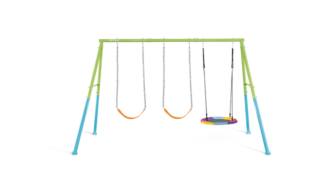 Three feature swing set with saucer and two chain swings
