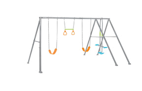 Four feature swing set with glider and trapeze bar