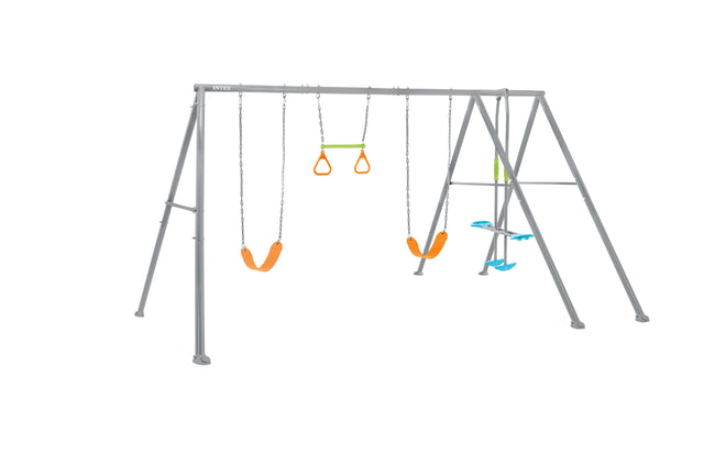 Four feature swing set with glider and trapeze bar