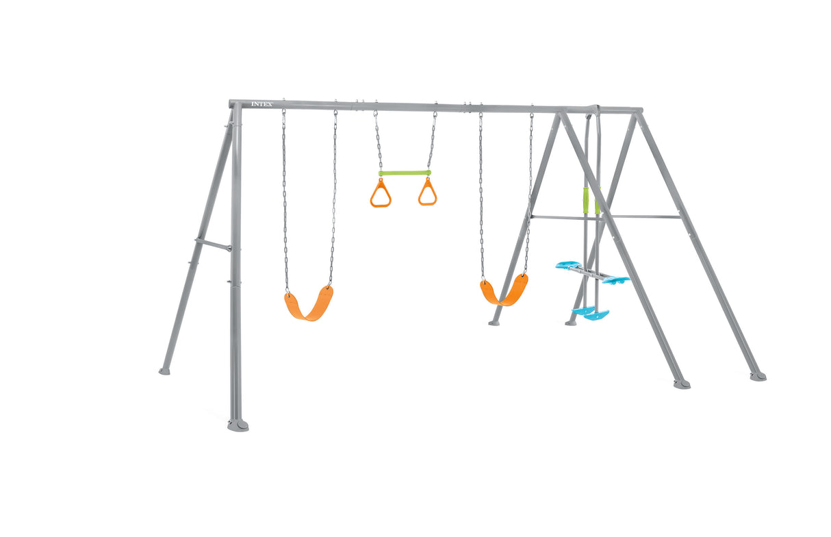 Four feature glider and trapeze swing set outdoors
