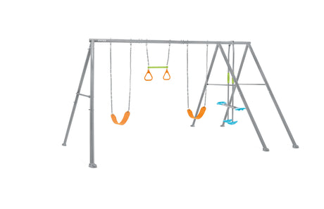 Four feature glider and trapeze swing set outdoors