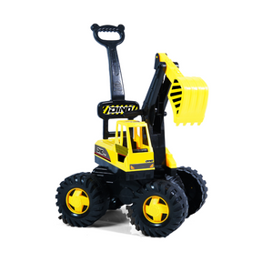 Yellow kick along construction digger scooter for kids