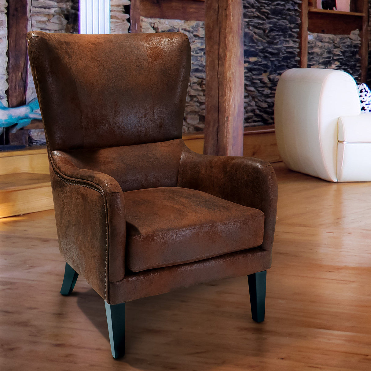 Evans brown microfibre armchair in a modern living room