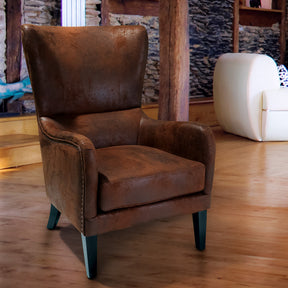 Evans brown microfibre armchair in a modern living room