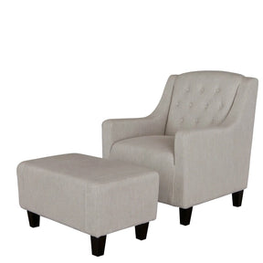 Glenbrook natural linen tufted armchair and ottoman set in a living room