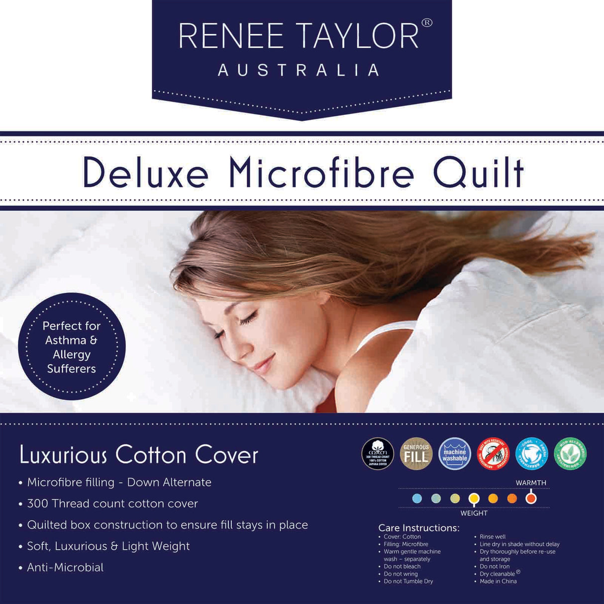 High loft premium microfibre quilt with a cotton cover in white on a made king bed