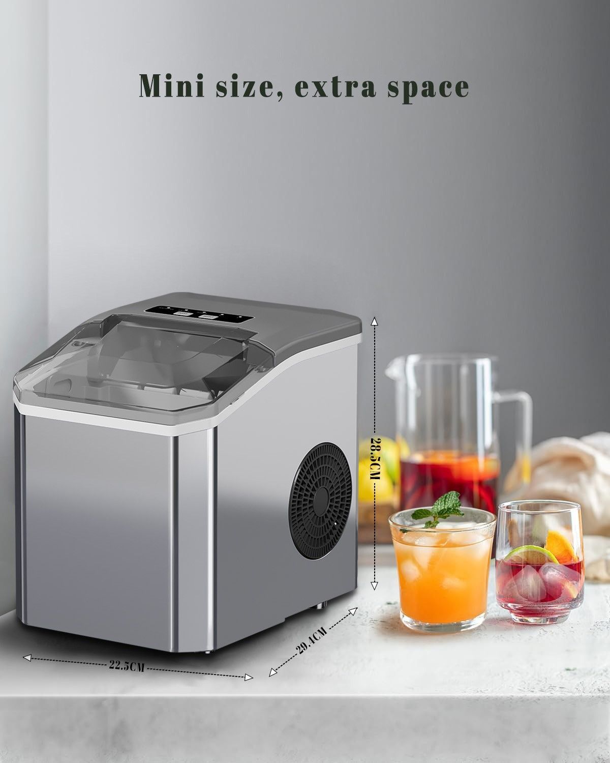 Ice maker size shown next to everyday kitchen items