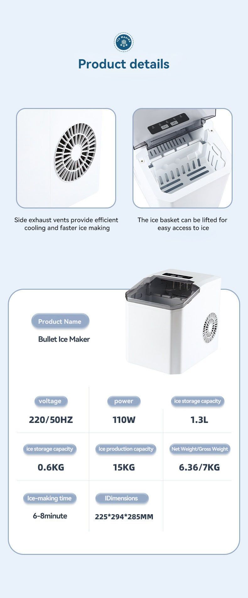 Push button control panel on the white portable ice maker
