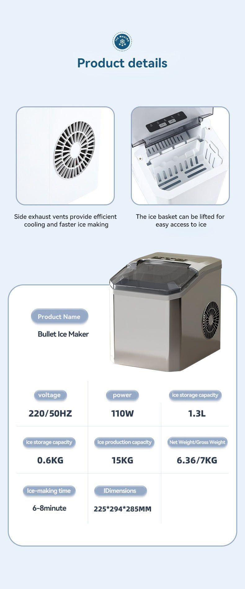 Side profile of the white automatic countertop ice maker