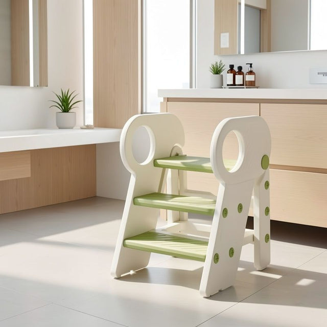 White kids bathroom step stool for reaching the sink