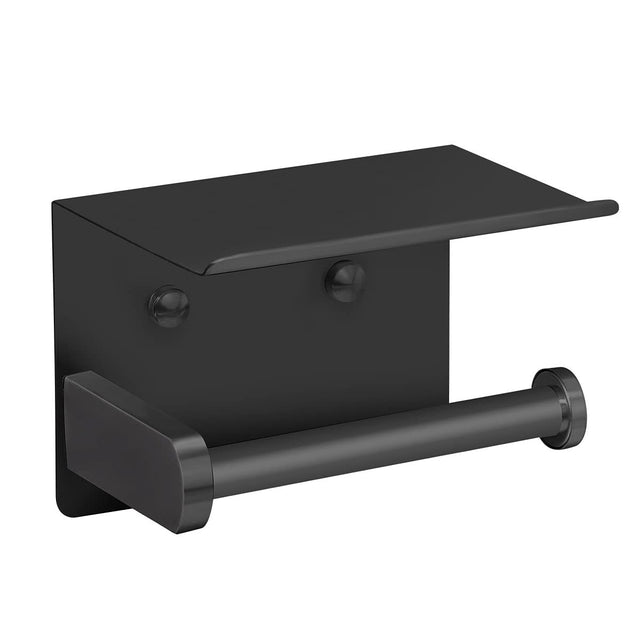 Brushed stainless steel toilet paper holder with an integrated shelf