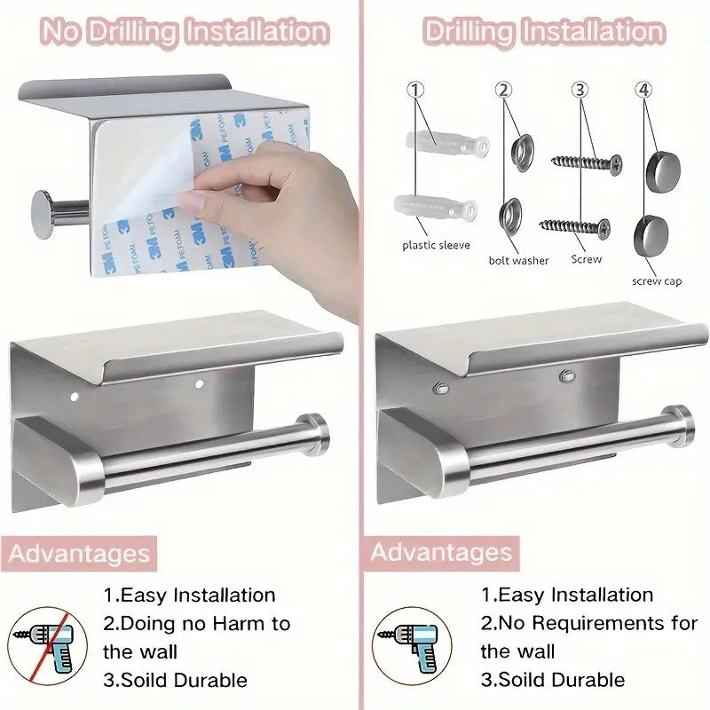 Erbalunga Toilet Paper Holder with Shelf, Stainless Steel, Wall Mounted, Silver
