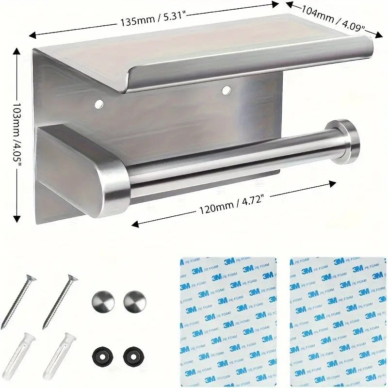 Erbalunga Toilet Paper Holder with Shelf, Stainless Steel, Wall Mounted, Silver