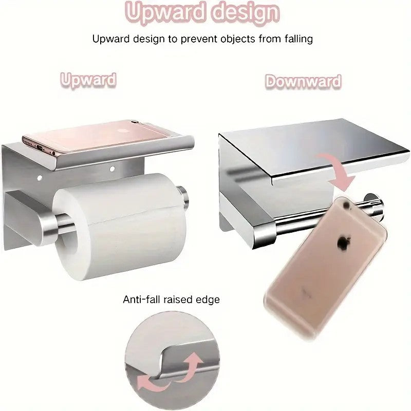 Erbalunga Toilet Paper Holder with Shelf, Stainless Steel, Wall Mounted, Silver