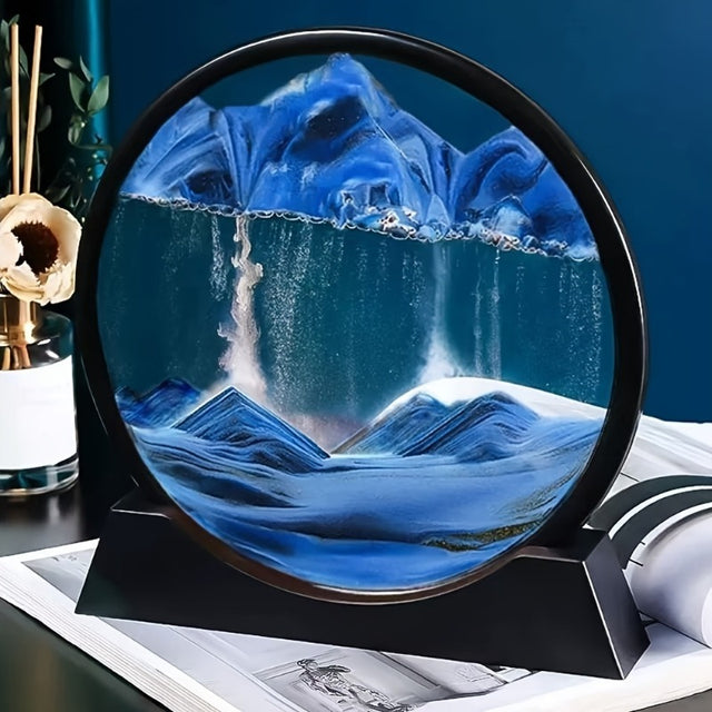 Blue flowing sand art frame forming shifting desert landscapes