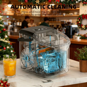 Black portable desktop ice maker on a kitchen bench