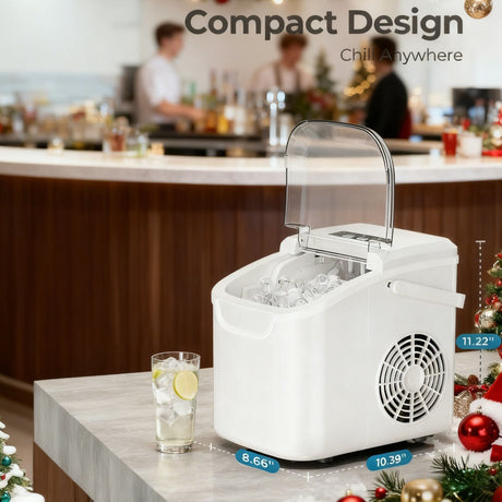Ice maker lid open showing the removable ice basket