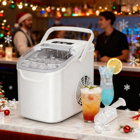 Dimension diagram of the grey portable desktop ice maker
