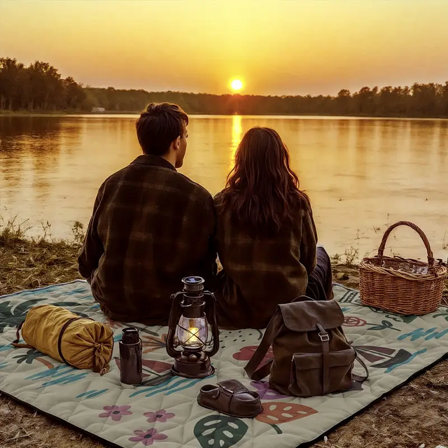 Rydal floral print picnic mat 198 x 198cm laid on grass with soft padded Oxford top and portable rope carry