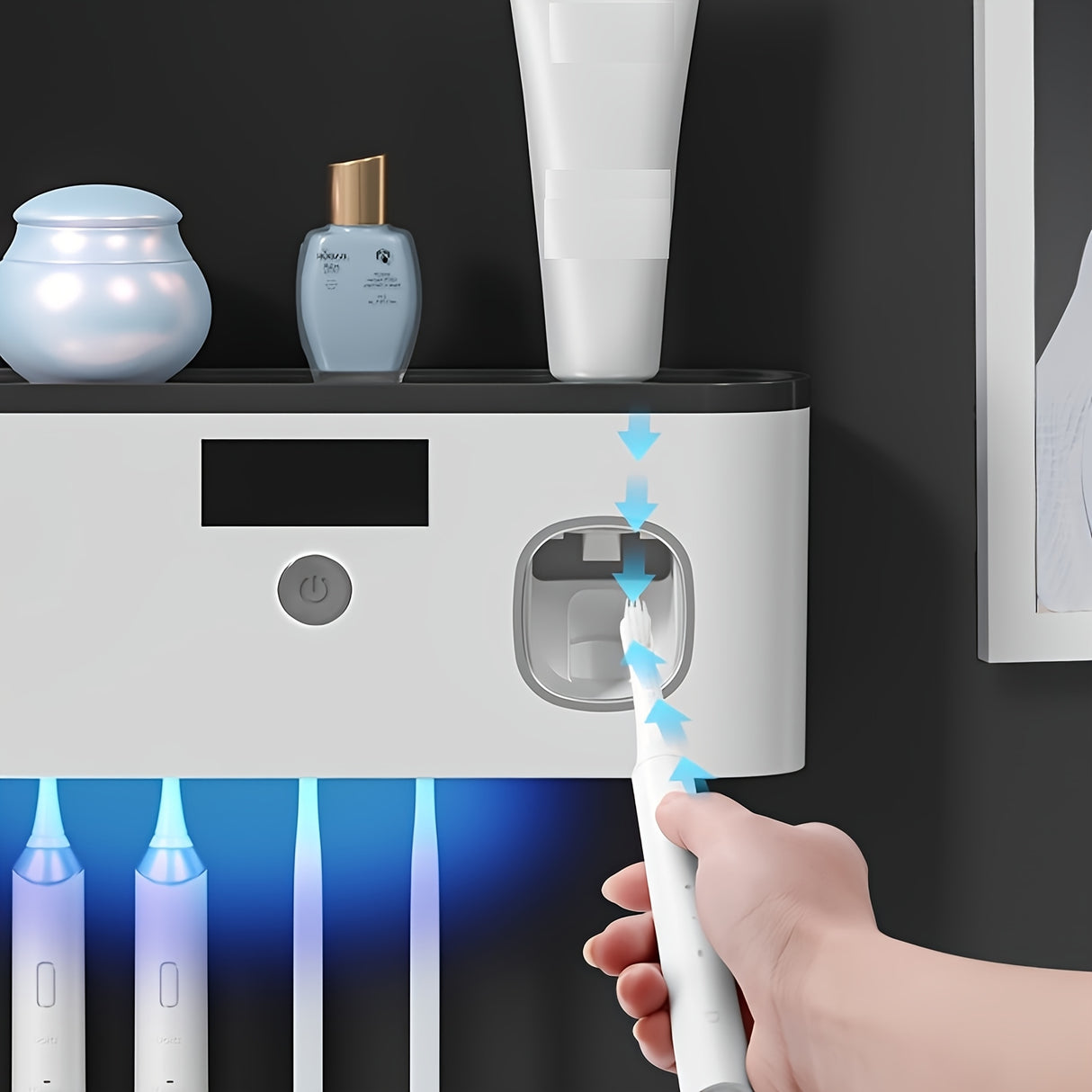 Olbia Toothbrush Organiser, Auto Toothpaste Dispenser, Wall Mounted, Black and Gold