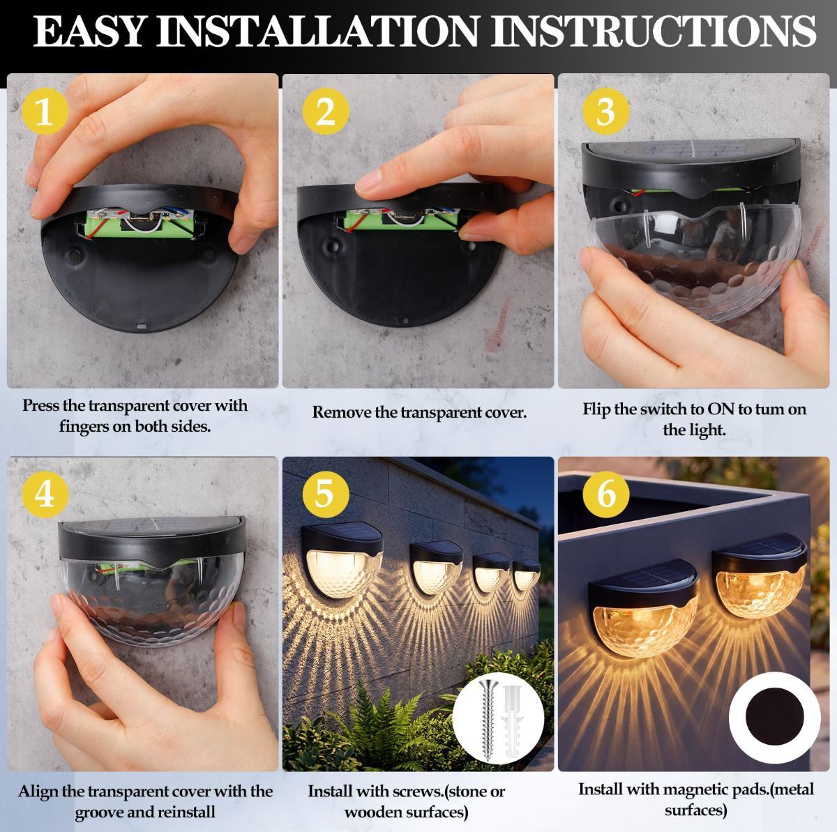 Solar Magnetic Wall Light Warm White Black 4 Pack