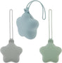 Star shaped silicone pacifier storage cases in blue, grey and green