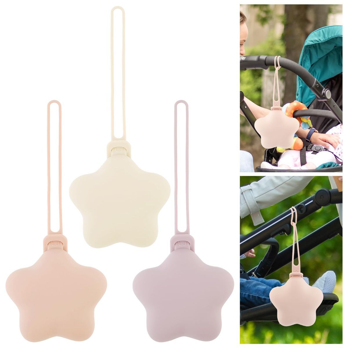 Star shaped silicone pacifier storage cases in blue, grey and green