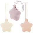 Star shaped silicone pacifier storage cases in purple, beige and pink