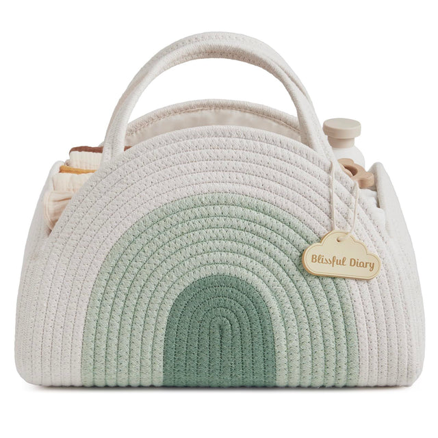Cotton rope diaper caddy in mint rainbow design