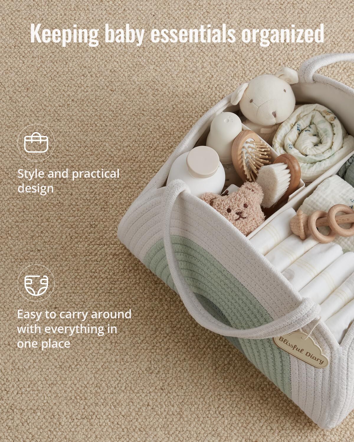 Cotton rope diaper caddy in mint rainbow design