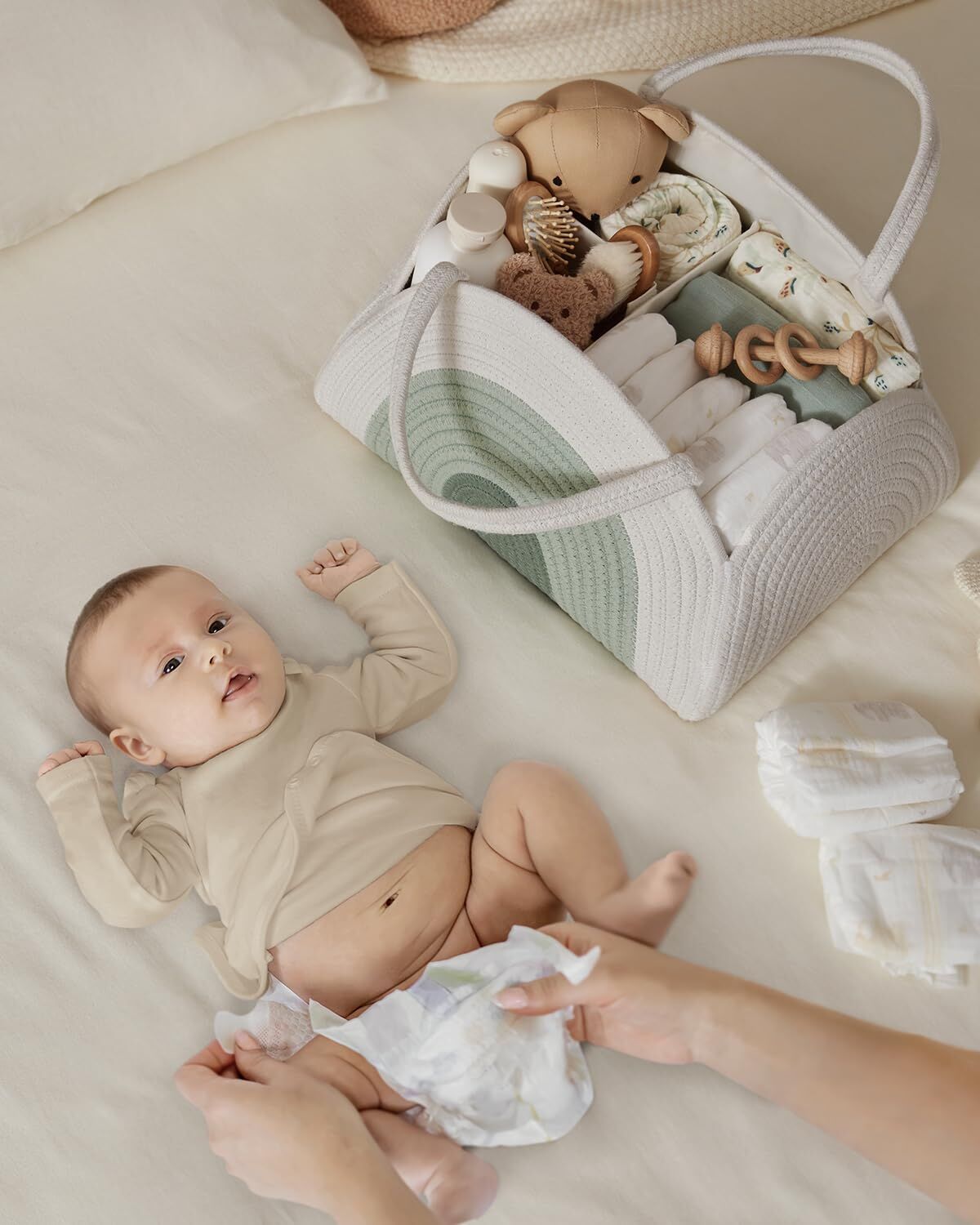 Cotton rope diaper caddy in mint rainbow design