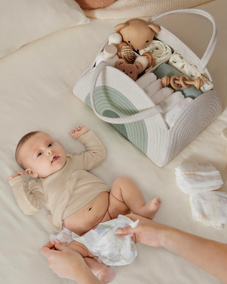 Cotton rope diaper caddy in mint rainbow design