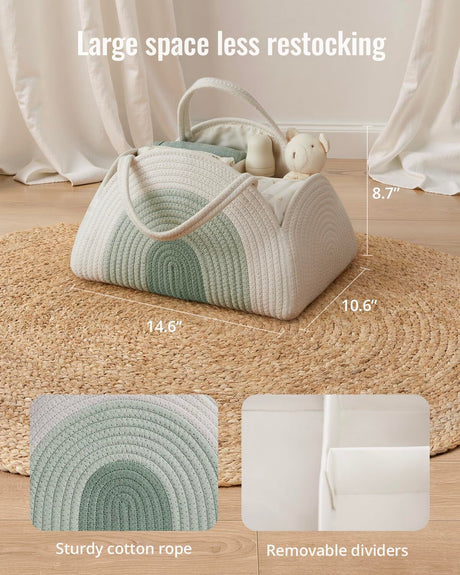 Cotton rope diaper caddy in mint rainbow design