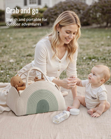 Cotton rope diaper caddy in mint rainbow design