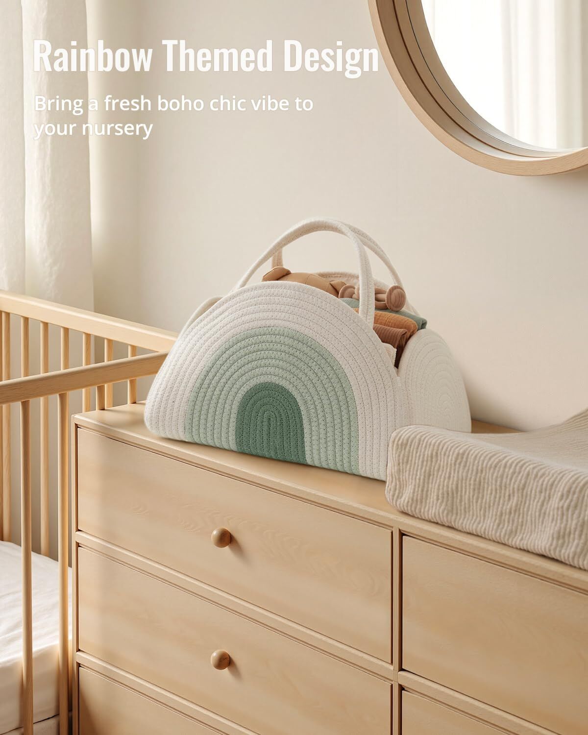 Cotton rope diaper caddy in mint rainbow design