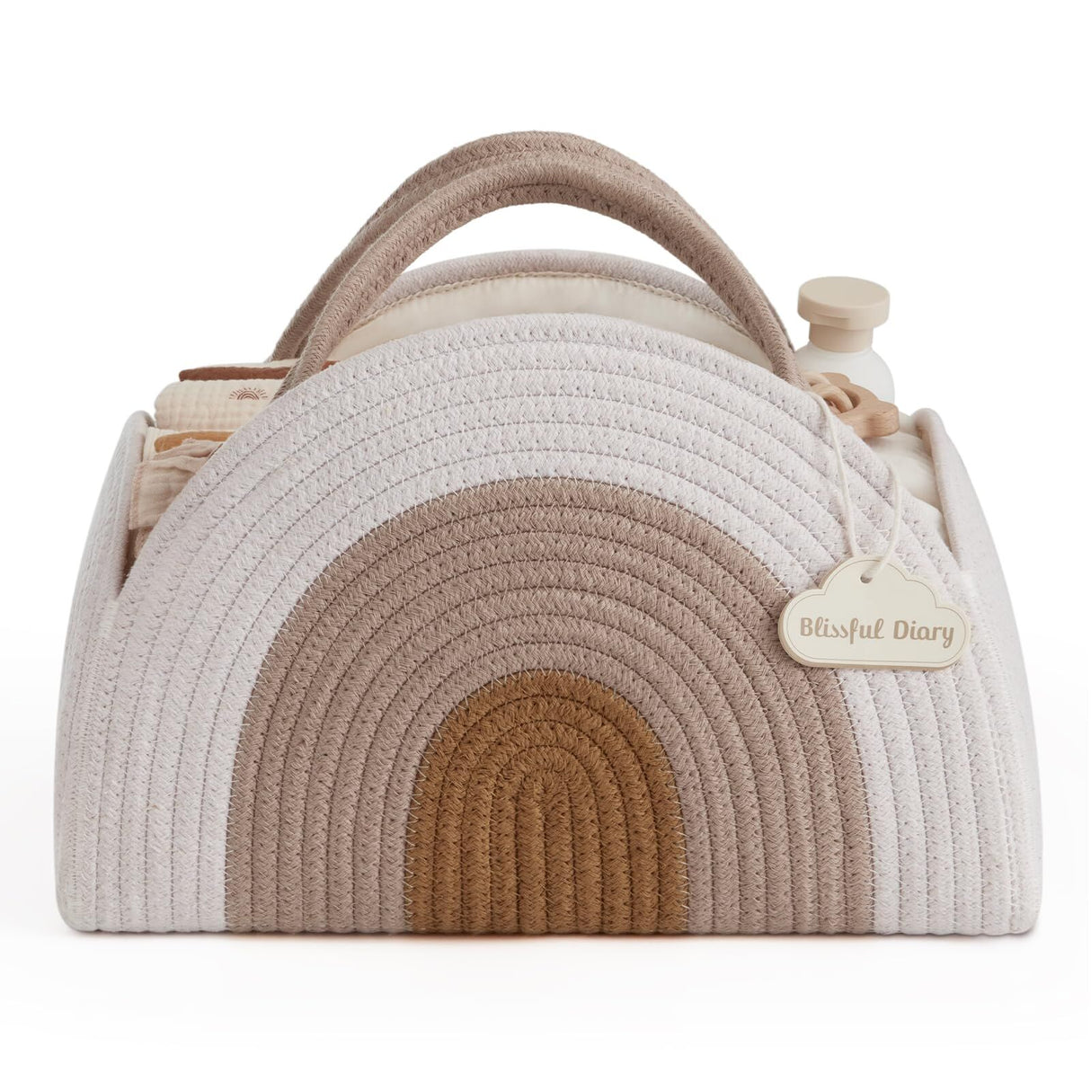 Cotton rope diaper caddy in earthy rainbow design