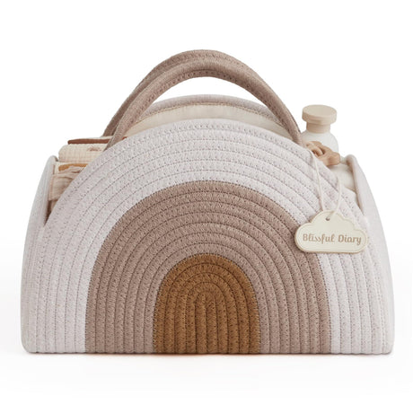 Cotton rope diaper caddy in earthy rainbow design