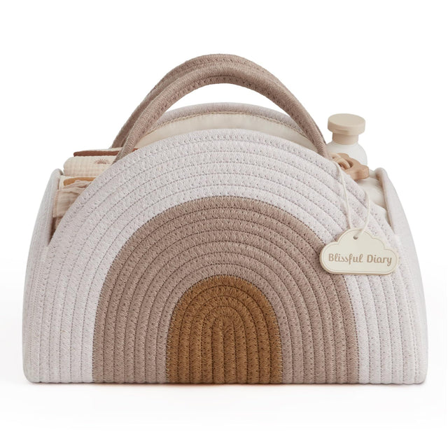Cotton rope diaper caddy in earthy rainbow design