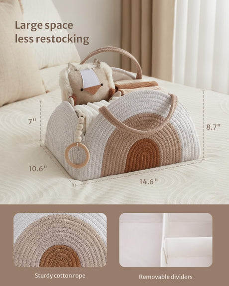 Cotton rope diaper caddy in earthy rainbow design