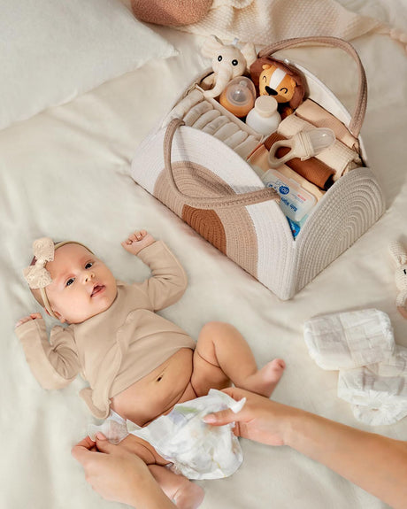 Cotton rope diaper caddy in earthy rainbow design