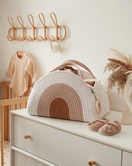 Cotton rope diaper caddy in earthy rainbow design