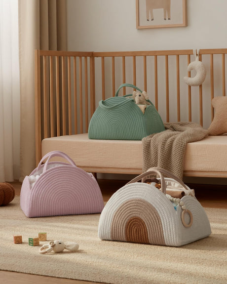 Cotton rope diaper caddy in earthy rainbow design