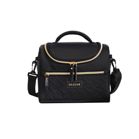 Black insulated lunch bag with adjustable shoulder strap