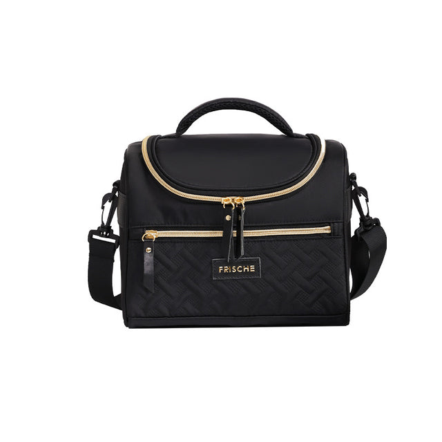 Black insulated lunch bag with adjustable shoulder strap